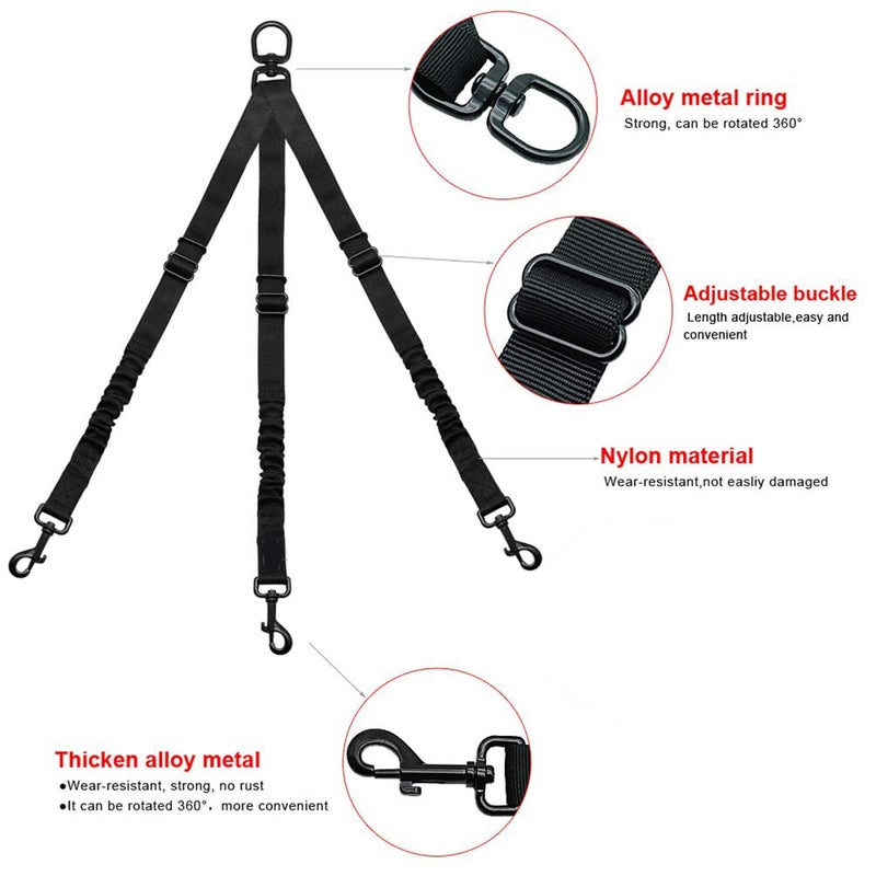 Kuntrona Nylon Dog Leash Coupler 3 Way No-Pull Pet Dog Lead Leashes No Tangle Bungee Three Dogs Leads Black L - Image 2